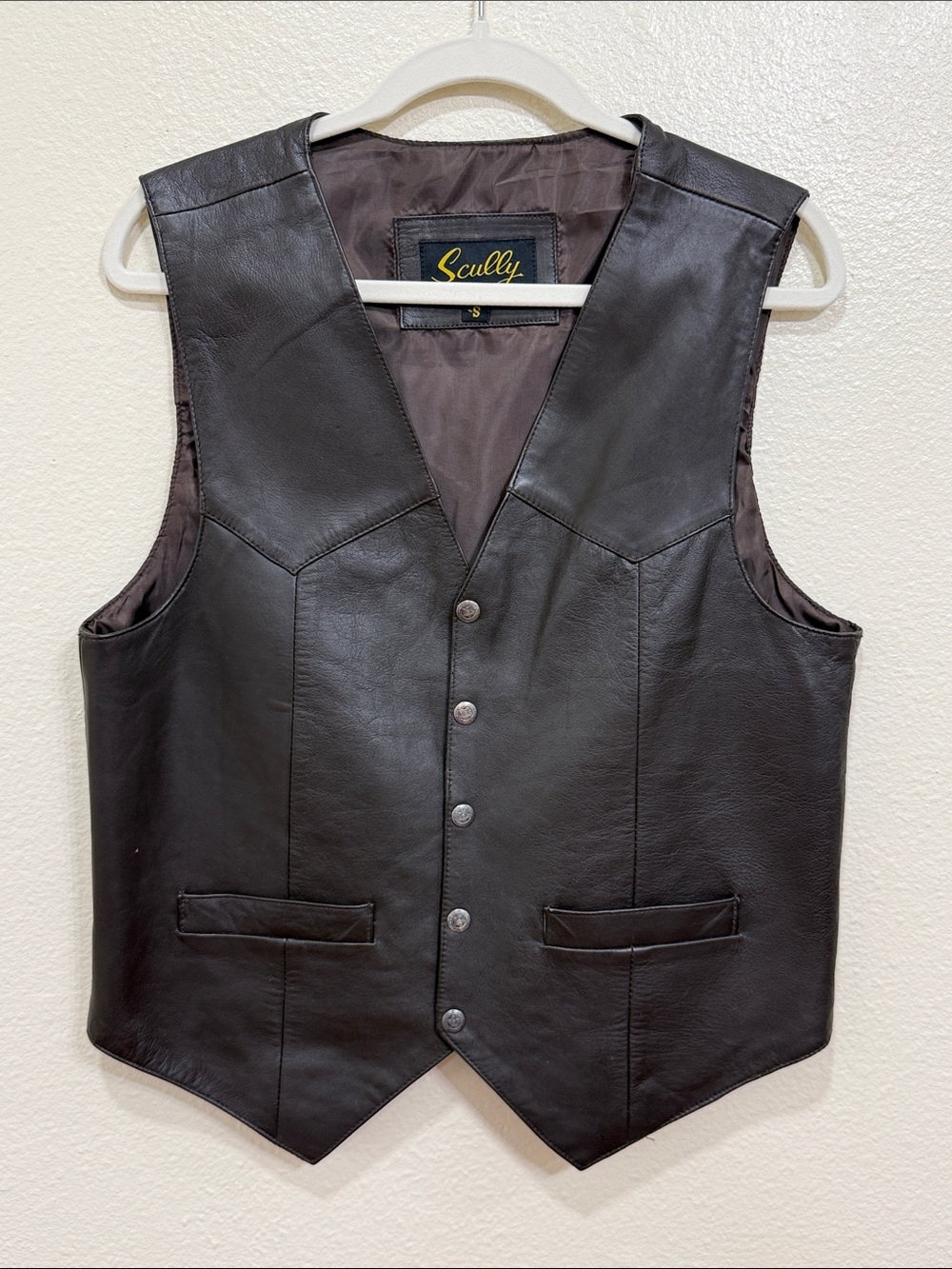 Scully Leather Vest Men’s Small Brown Western Snap Front Cowboy Genuine V Neck